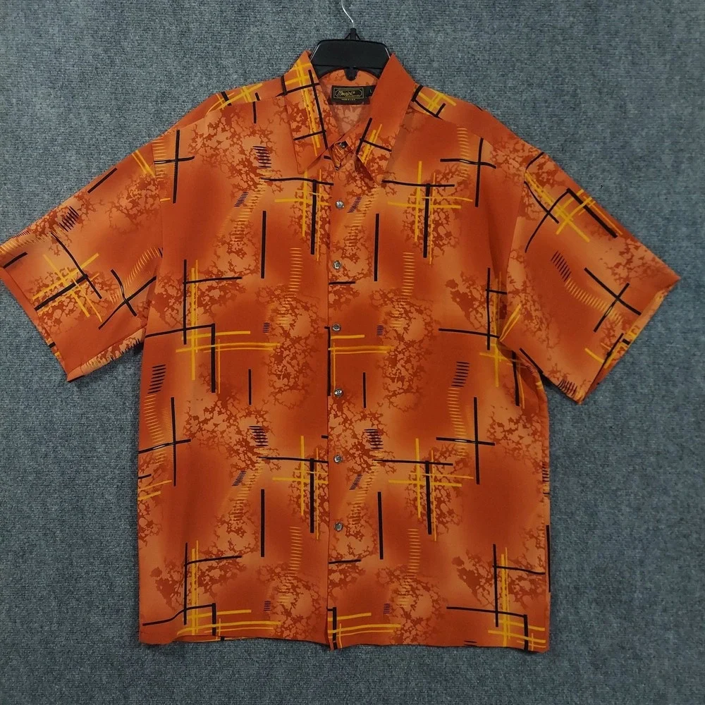 Monzini Shirt Mens Large Orange‎ Geometric Print Short Sleeve Button Up USA